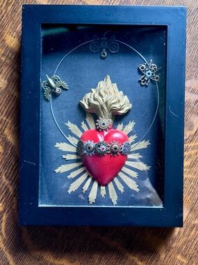 Framed Red Sacred Heart Wall Art with Gold Flames and Gears